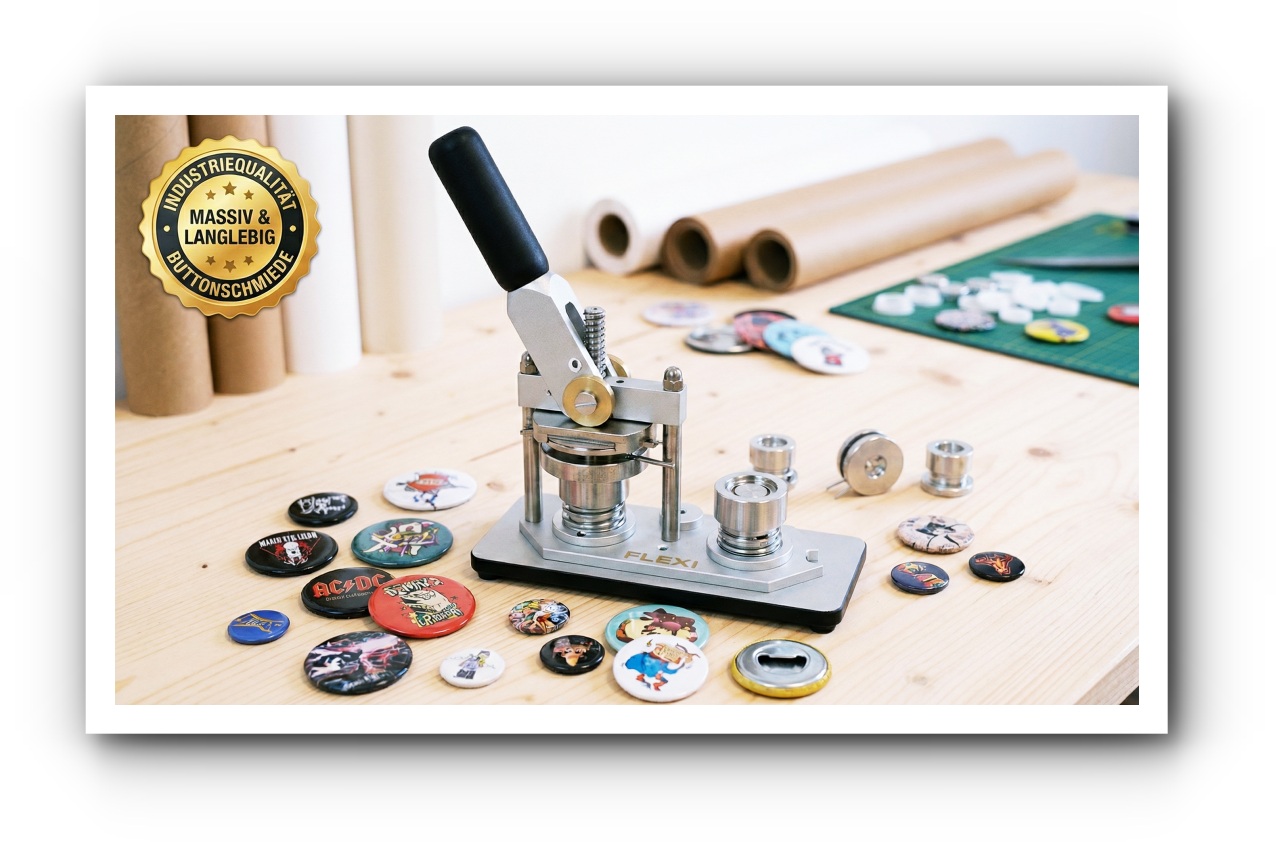 Massive Profi Buttonmaschine Typ 900 mit fertigen Ansteckbuttons