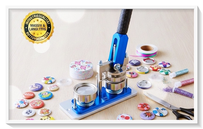 Massive Profi Buttonmaschine Typ 900 mit fertigen Ansteckbuttons
