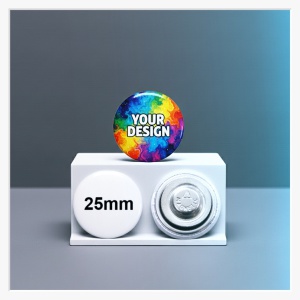 Detailaufnahme des 25 mm Buttons, der sicher und lochfrei per Magnet an einem Revers befestigt ist.