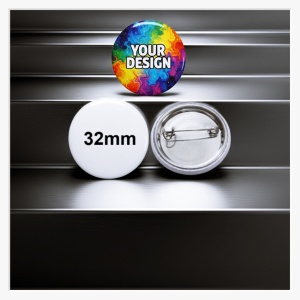 Rückseite des 32 mm Smart-Buttons zur Veranschaulichung der stabilen Metallplatte und der Sicherheitsnadel.