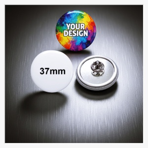 Frontalansicht eines 37 mm Buttons mit dem Aufdruck "YOUR DESIGN"