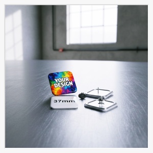 Rückansicht des quadratischen 37x37 mm Buttons mit der edlen glatten Metallrückseite und dem geöffneten Butterflyverschluss