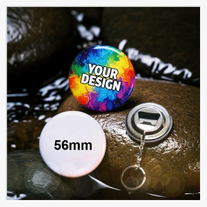 Vorderseite eines 56 mm Buttons als Schlüsselanhänger mit individuellem Design.