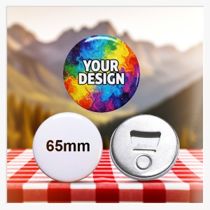 Ein individuell bedruckter 65 mm XXL Magnet-Flaschenöffner-Button auf einem Tisch