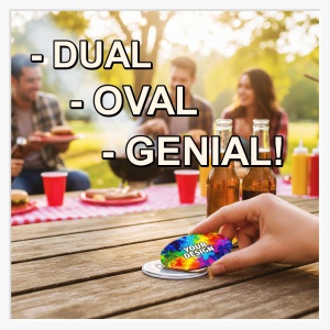 Werbegrafik mit Grillparty-Hintergrund, dem ovalen Öffner und dem Text: "-Dual -Oval -Genial".
