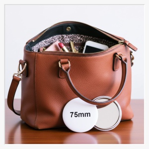 XXL-Echtglasspiegel auf der Rückseite eines 75mm Buttons