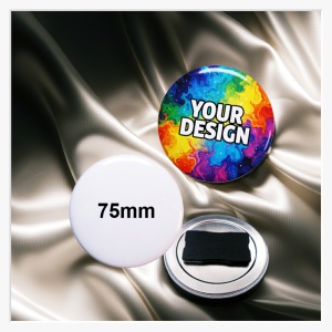 Vorderansicht eines 75 mm Buttons mit großflächigem Werbedruck in Premium-Qualität.