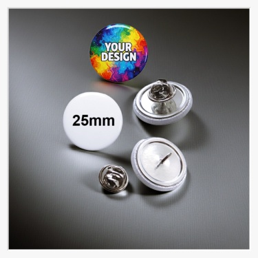 Frontalansicht eines kompakten 25 mm Buttons mit dem Aufdruck "YOUR DESIGN"