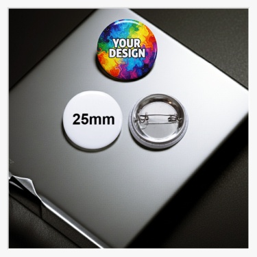 Vorderansicht eines individuell bedruckten 25 mm Buttons mit einem kontrastreichen Logo.