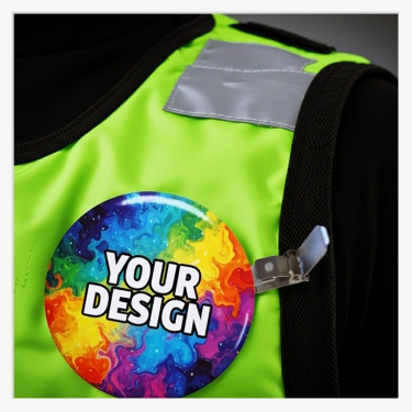 75mm XXL-Ansteckbutton mit Hosenträger-Clip – Maximale Werbefläche & ultimativer Hebelhalt