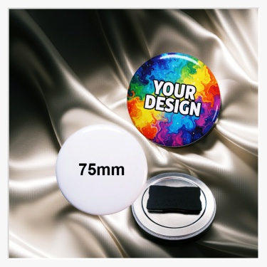 Vorderansicht eines 75 mm Buttons mit großflächigem Werbedruck in Premium-Qualität.