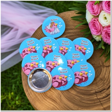 12-teiliges JGA Buttonset Vogel Braut mit 56mm Durchmesser